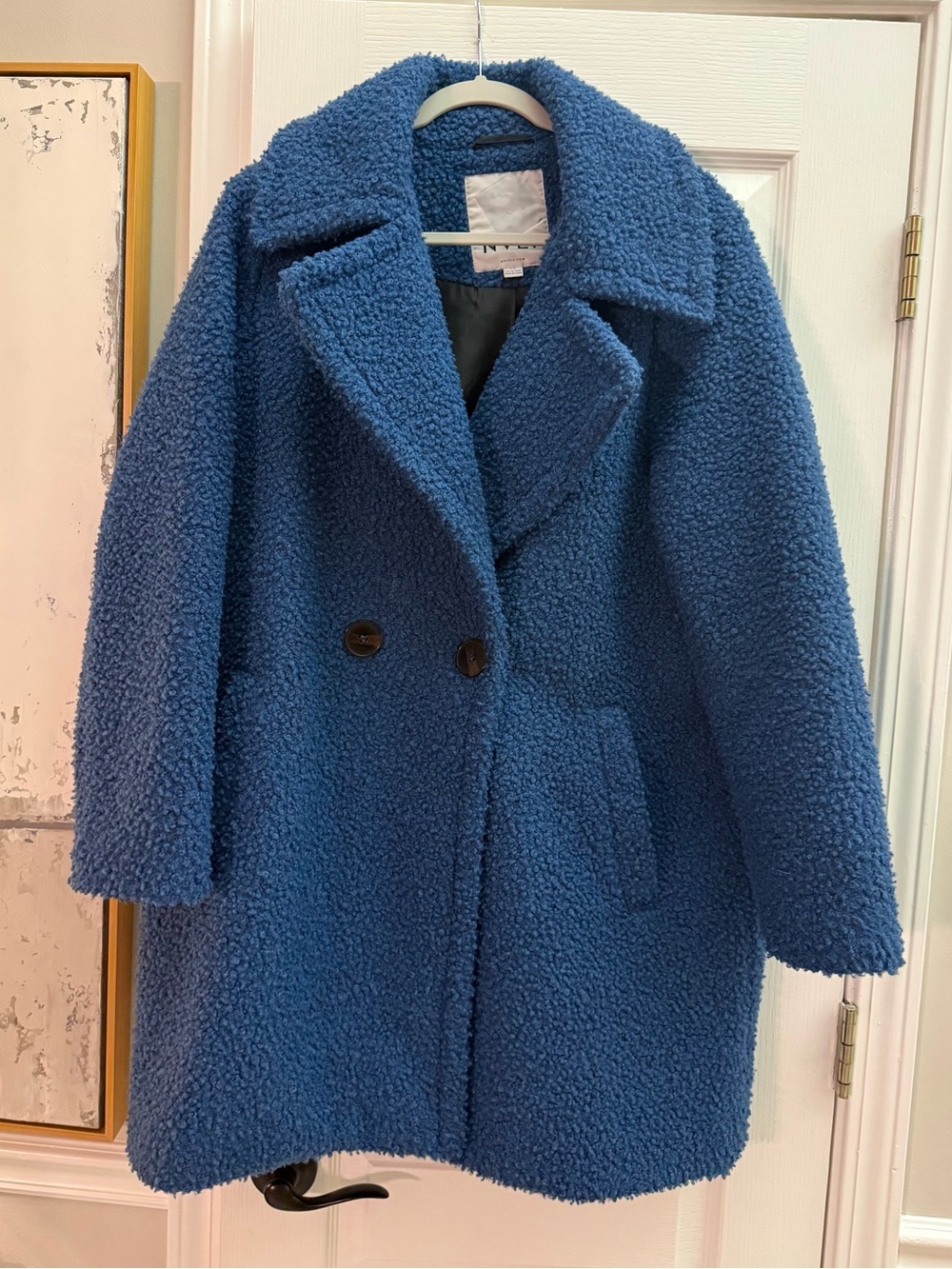 NVLT Blue Bouclé Teddy Coat Double Breasted Textured Peacoat L